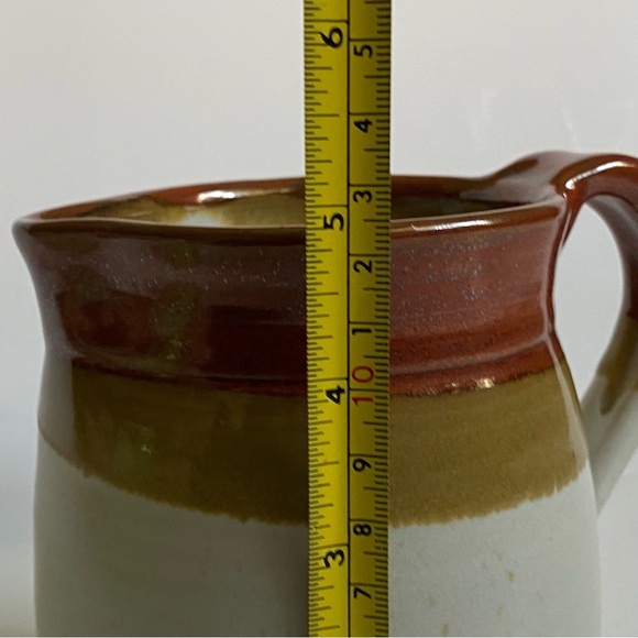 Vintage Brown and Tan Stoneware Crock Farmhouse Creamer Signed 6” Syrup Pitcher - Picture 9 of 16